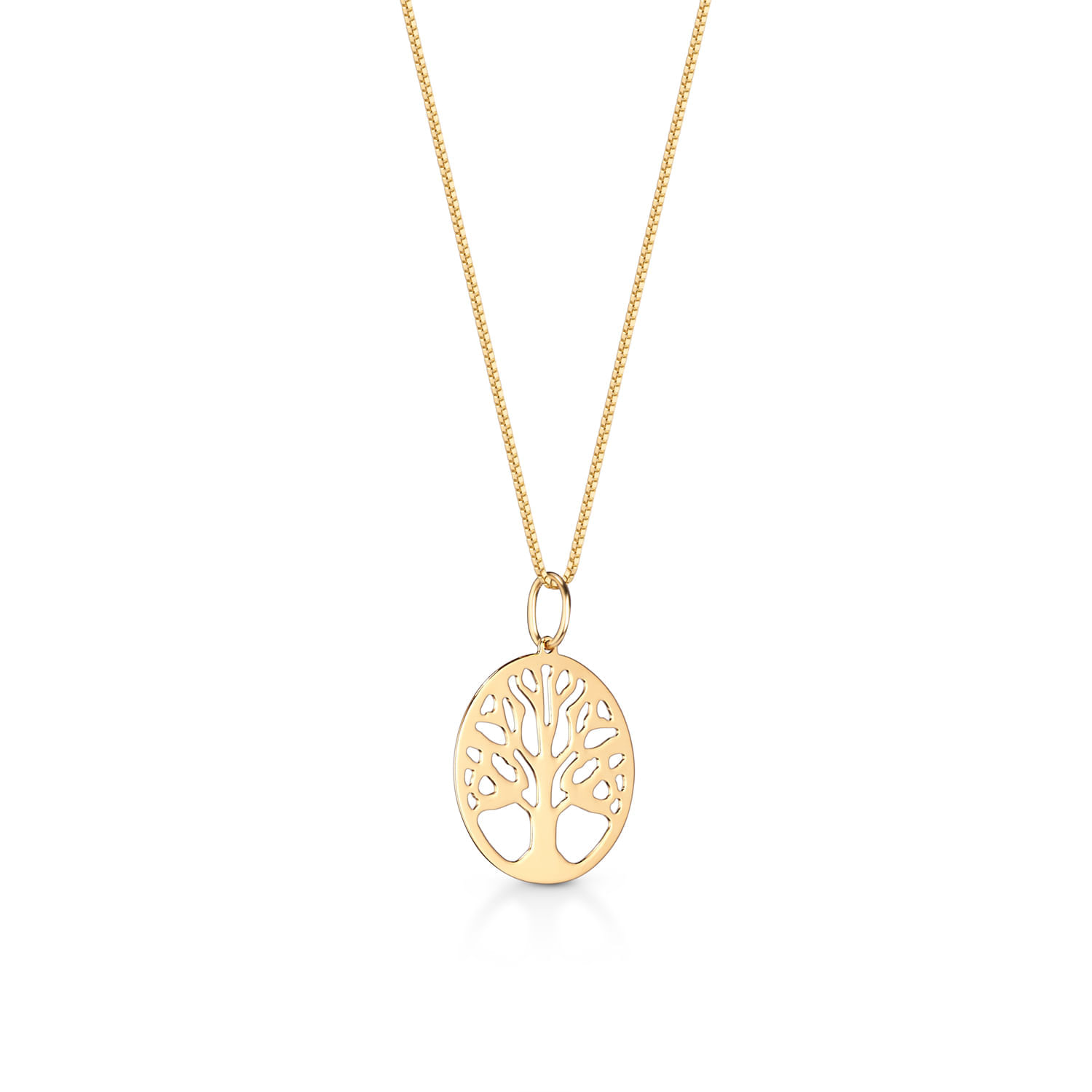 Colar dourado com pingente de árvore estilizada em formato oval.