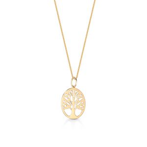 Colar dourado com pingente de árvore estilizada em formato oval.