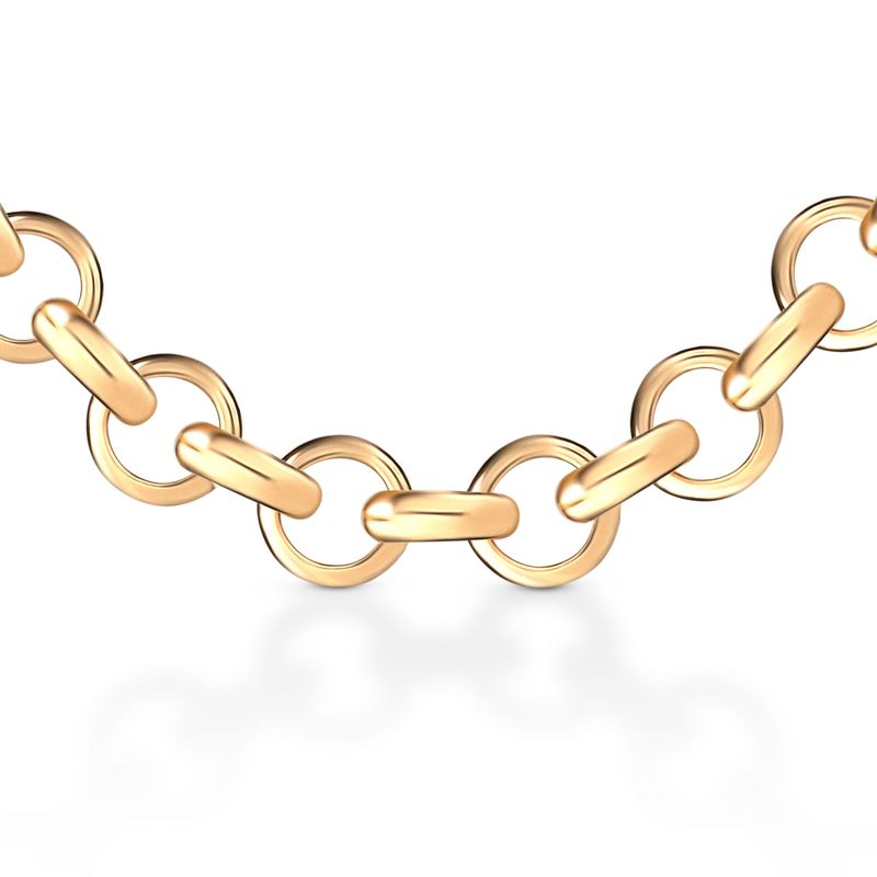 Colar de elos dourados com elos grandes e interligados, em estilo moderno e elegante.