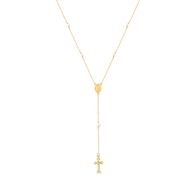 Colar Terço Medalha Milagrosa com Pérolas em Ouro Amarelo 18k