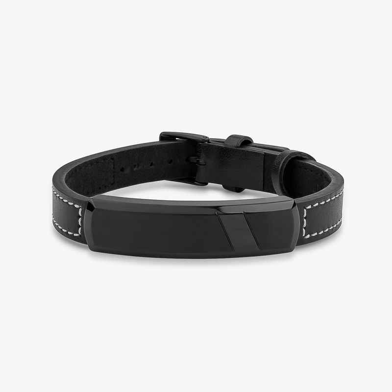 Pulseira Masculina de Couro Preto em Aço Preto Fosco – Ajustável