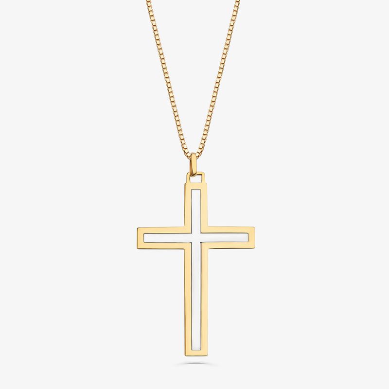 Corrente dourada com pingente de cruz aberta em estilo minimalista.