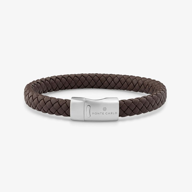 Pulseira Masculina de Couro Marrom Trançado em Aço – 21 cm