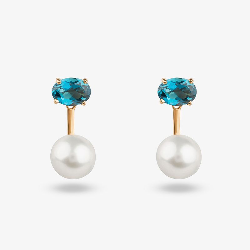 Brinco Ear Jacket com Topázio London e Pérola em Ouro Amarelo 18K