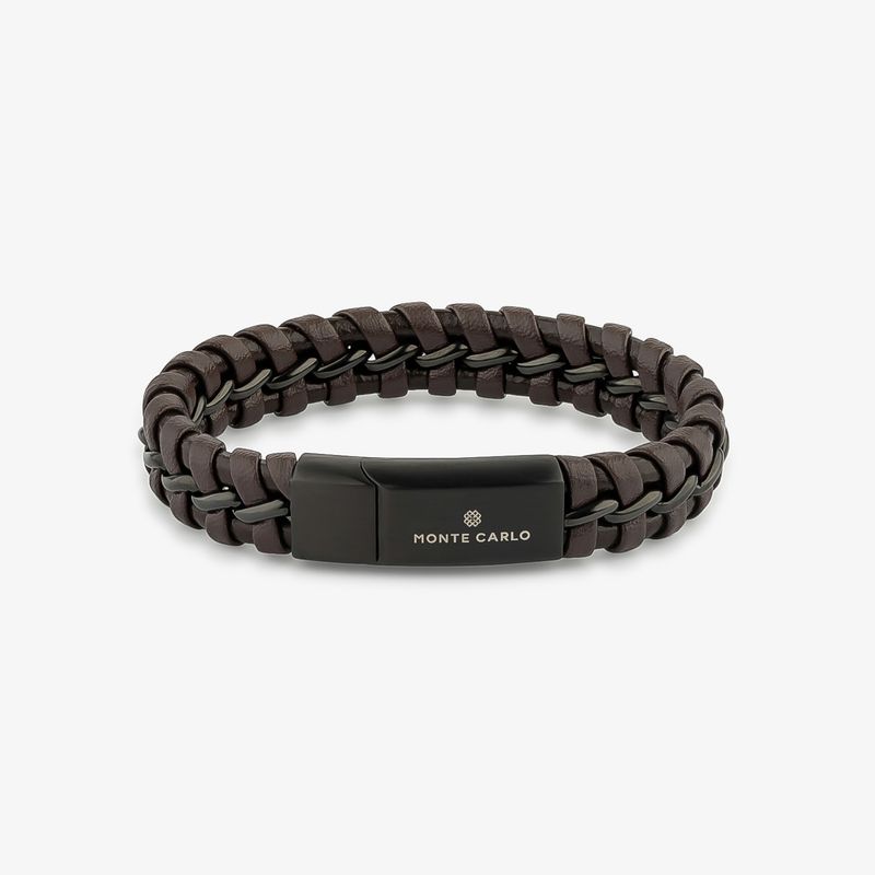 Pulseira Masculina de Couro Marrom em Aço Preto – 21 cm