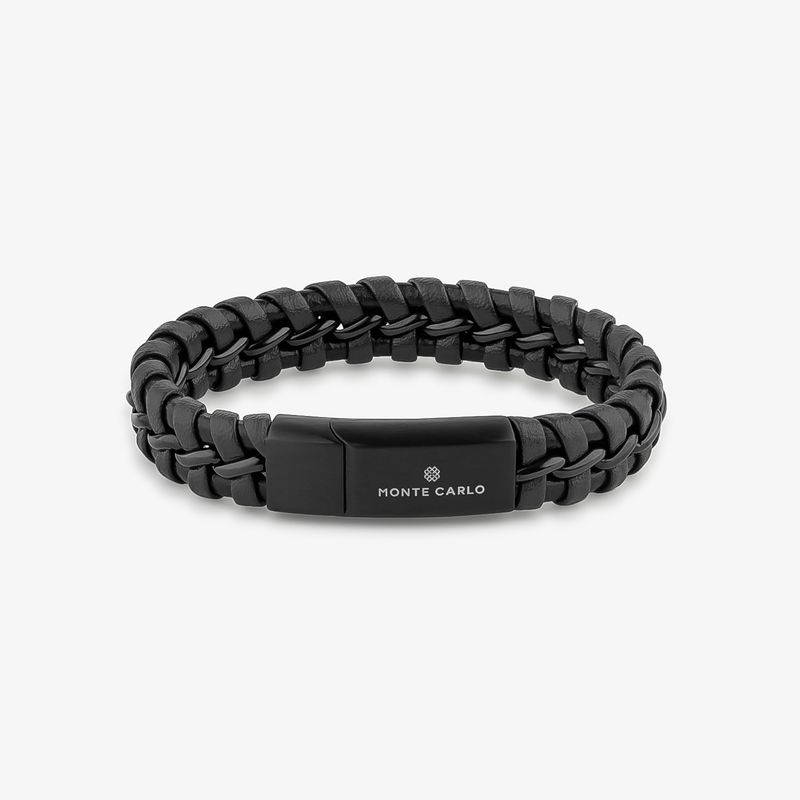 Pulseira Masculina de Couro Preto em Aço Preto – 21 cm