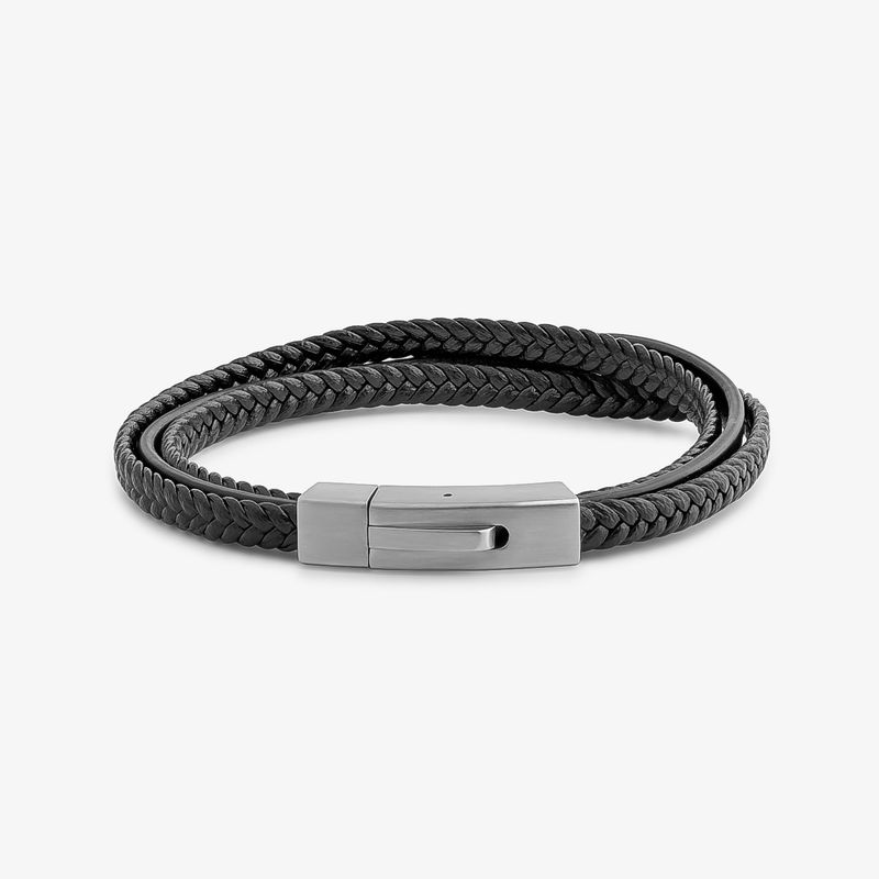 Pulseira Masculina Tripla de Couro Preto em Aço – 20 cm