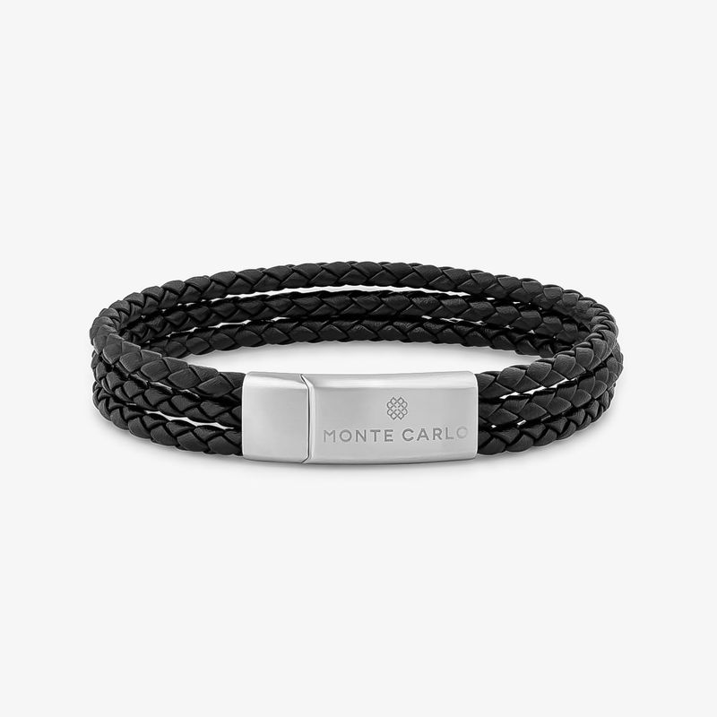 Pulseira Masculina Tripla de Couro Preto Trançado em Aço – 21 cm