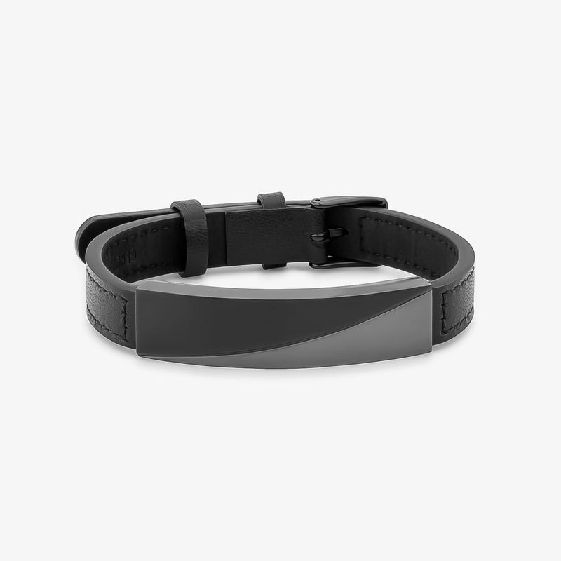 Pulseira Masculina Couro Preto em Aço Preto Polido e Fosco – Ajustável