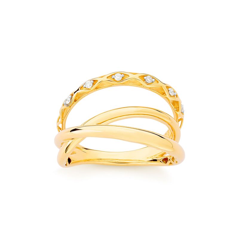 Anel dourado com duas faixas finas cruzadas e uma faixa mais larga com detalhes de pequenos cristais.