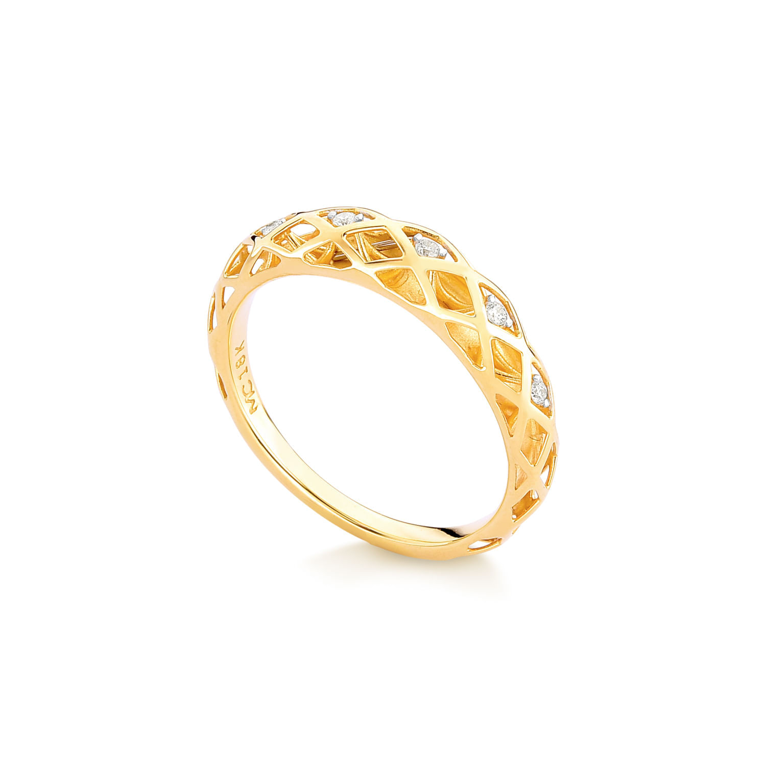 Anel dourado com design aberto e detalhes de pedras brilhantes ao redor.