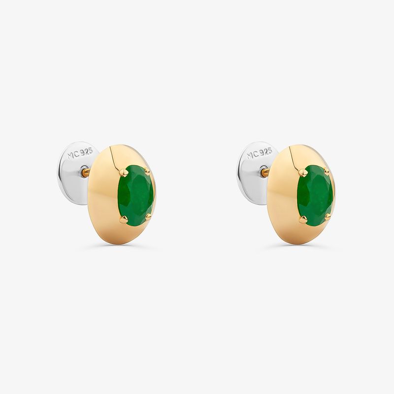 Brinco Stud com Quartzo Verde em Prata com Banho de Ouro Amarelo 18K