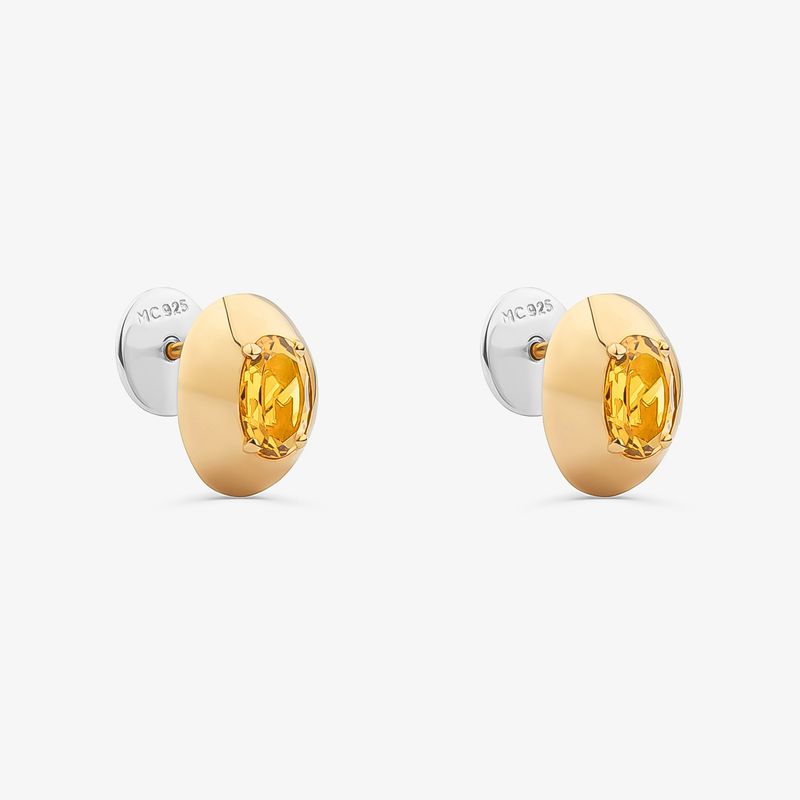 Brinco Stud com Citrino em Prata com Banho de Ouro Amarelo 18K