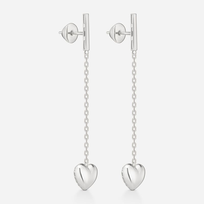 Brinco Longo Coração Bombê Vazado Amor, Amor em Ouro Branco 18K
