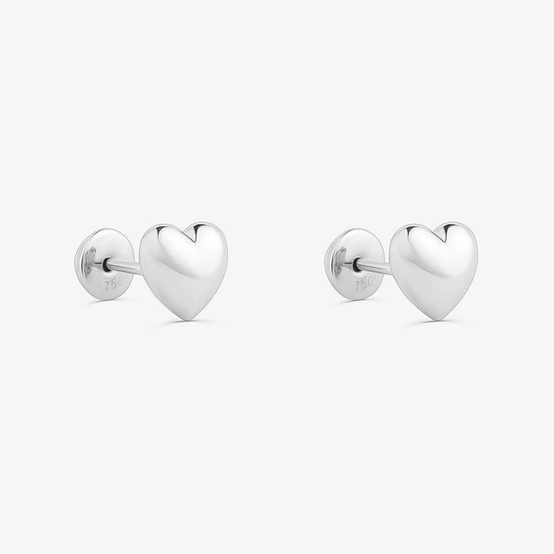 Brinco Stud Coração Bombê Vazado Amor, Amor em Ouro Branco 18K