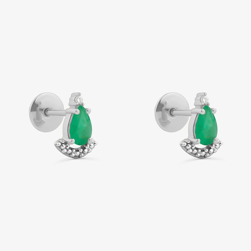 Brinco Stud Gota Intense em Ouro Branco 18k com Esmeralda e Diamante