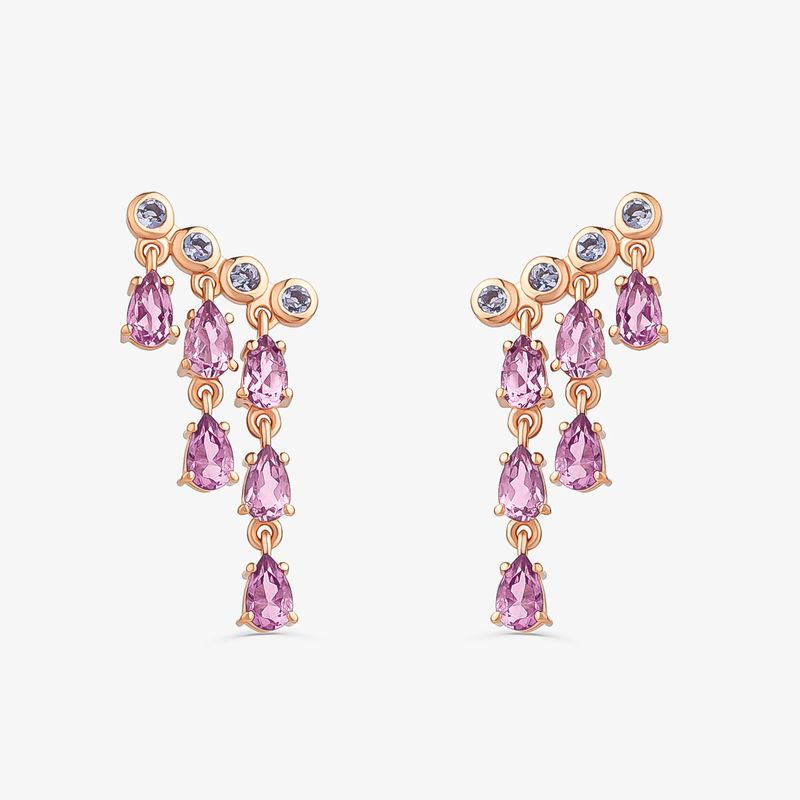Brinco Cascata com Ametista Rose de France e Iolita em Prata 925 com Banho de Ouro Rosé 18k