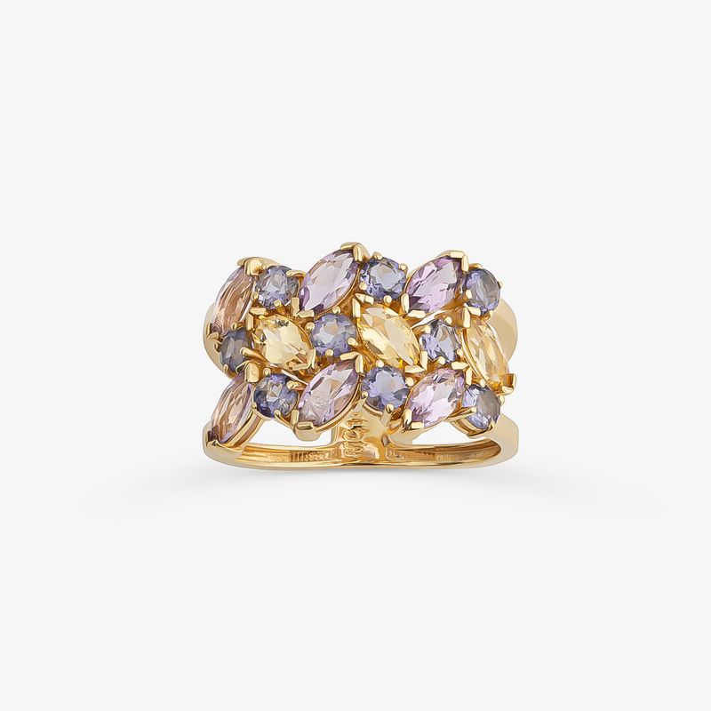 Anel Aliança Tripla com Ametista, Citrino e Iolita em Ouro Amarelo 18k