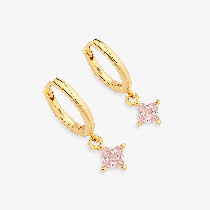 Argola Carré Rosa Cravejada em Prata 925 com Banho de Ouro Amarelo 18k