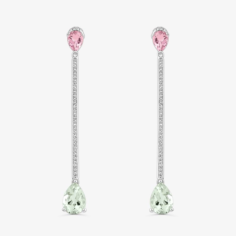 Brinco Longo com Quartzo Rosa, Prasiolita e Safira em Prata 925