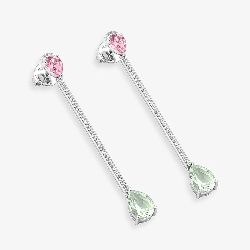 Brinco Longo Amar em Prata 925 com Quarto Rosa, Prasiolita e Safira