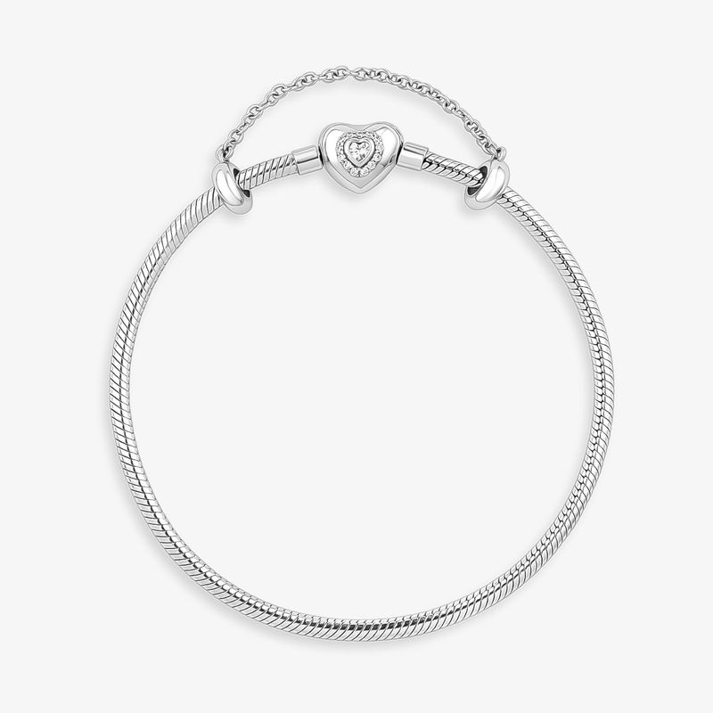 Pulseira Maleável em Prata 925 com Fecho Coração Cravejada – 21,5 cm