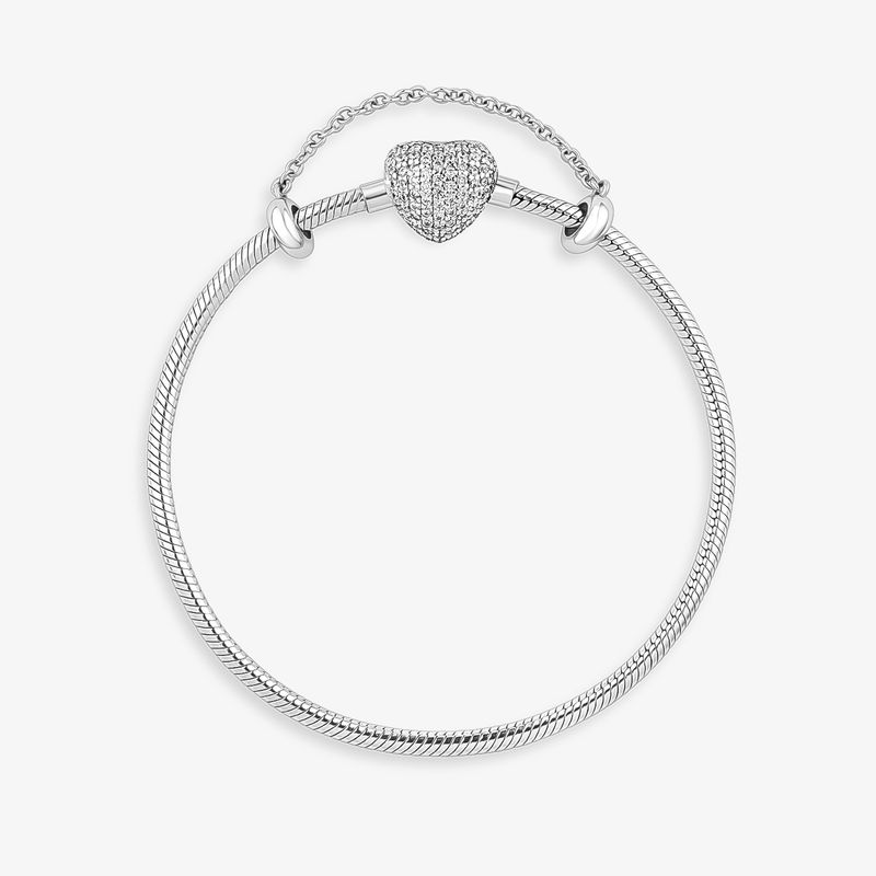 Pulseira Maleável em Prata 925 com Fecho Coração Cravejada – 16,5 cm