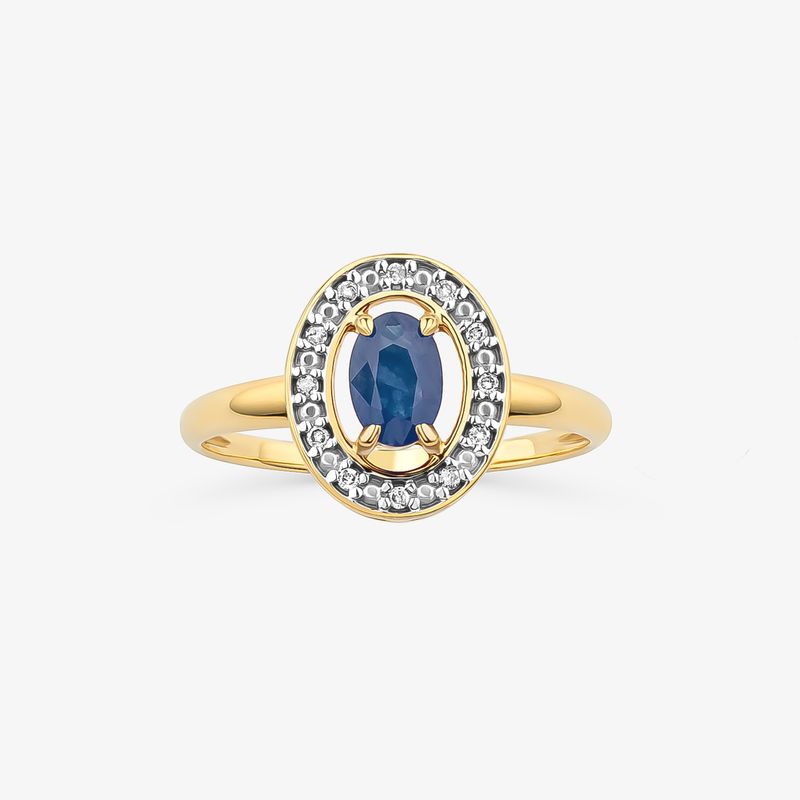 Anel com Safira Azul e Diamantes em Ouro Amarelo 18k – 17