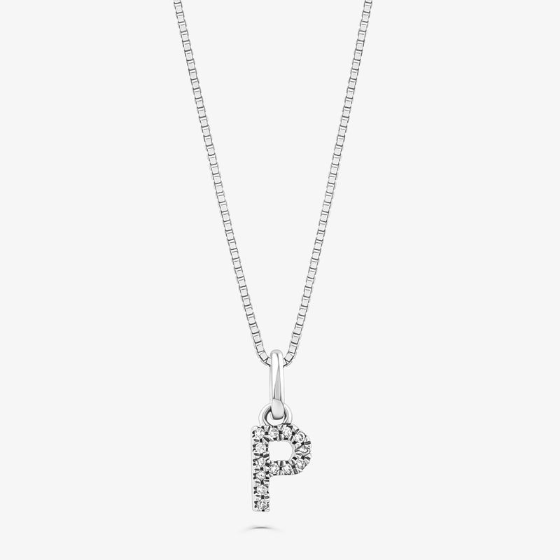 Pingente Letra P com Diamante em Ouro Branco 18k
