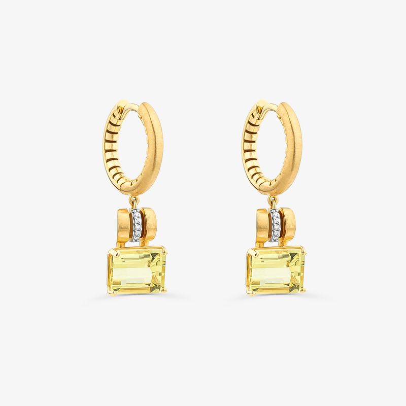 Brinco Argola Irradiar em Ouro Amarelo 18k com Quartzo Green Gold e 4 Pontos de Diamantes