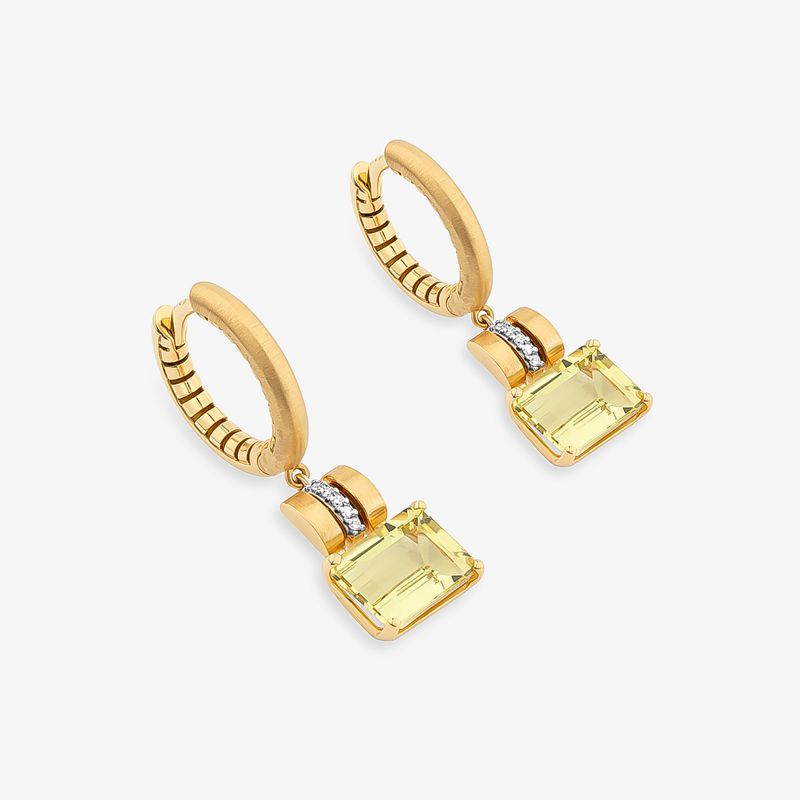 Brinco Argola Irradiar em Ouro Amarelo 18k com Quartzo Green Gold e 4 Pontos de Diamantes