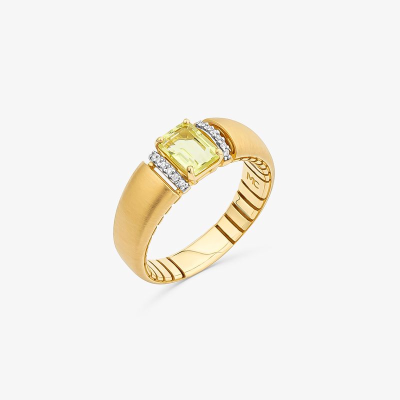 Anel Maxi Irradiar em Ouro Amarelo 18k com Quartzo Green Gold e 5 Pontos de Diamantes
