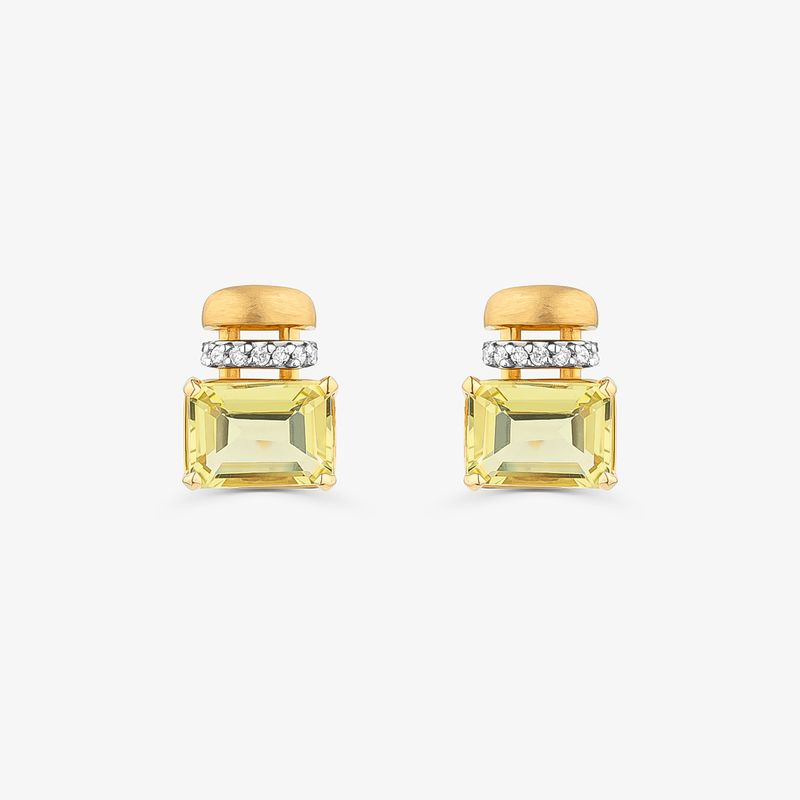 Brinco Stud com Diamante e Quartzo Green Gold em Ouro Amarelo 18k