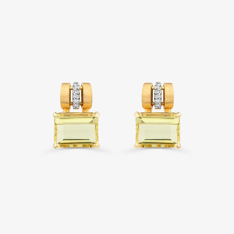 Brinco Stud com Diamante e Quartzo Green Gold em Ouro Amarelo 18k
