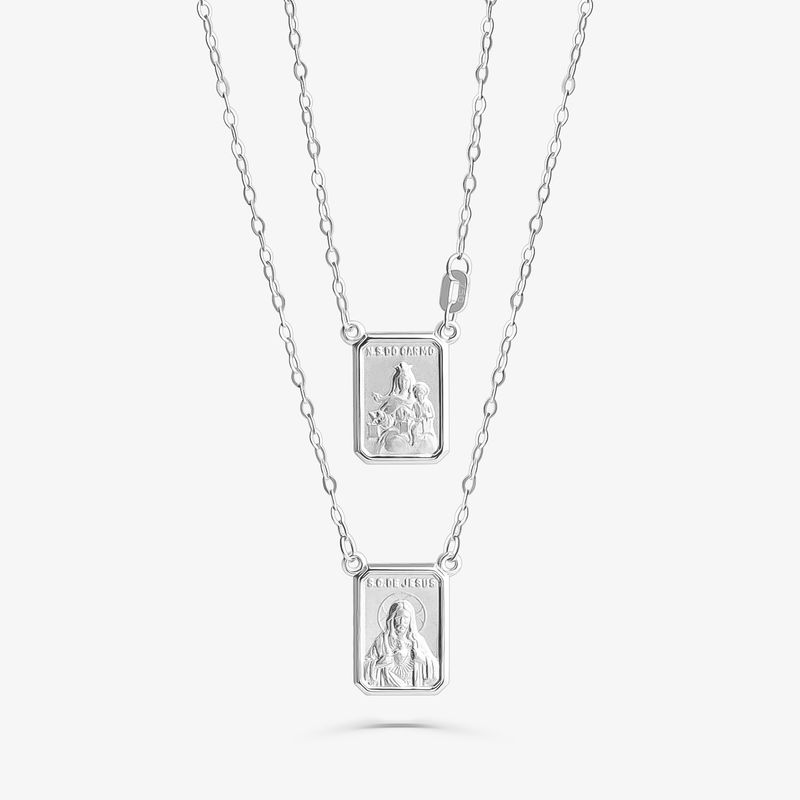Escapulário Sagrado Coração de Jesus e Nossa Senhora do Carmo em Ouro Branco 18k
