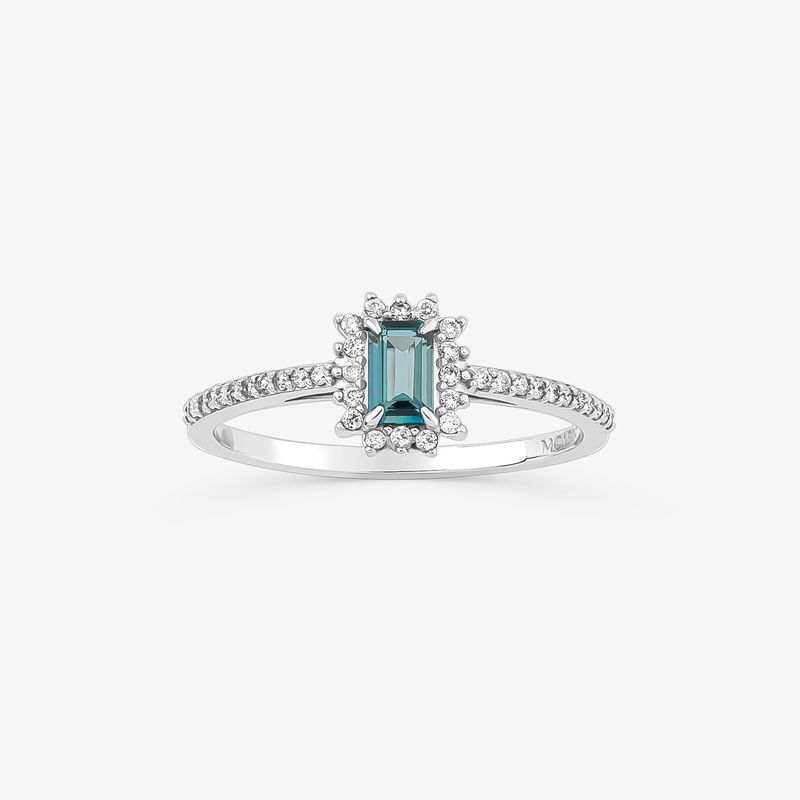 Anel Solitário com Topázio London e Diamantes em Ouro Branco 18k