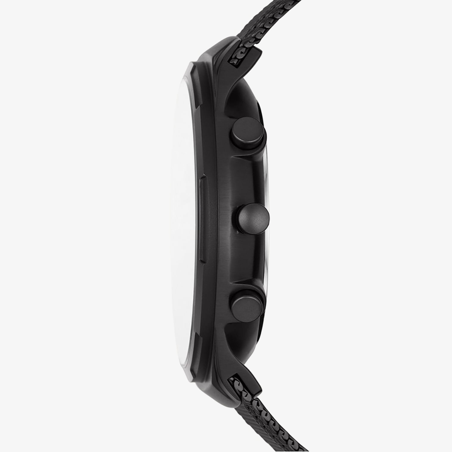 Relógio preto com botões laterais e pulseira de design esportivo, visto de lado sobre fundo branco.