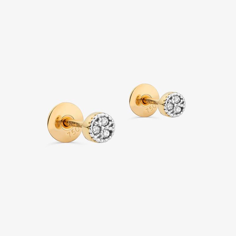 Brinco Stud Círculo Amor, Amor em Ouro Amarelo 18K com 4 Pontos de Diamantes