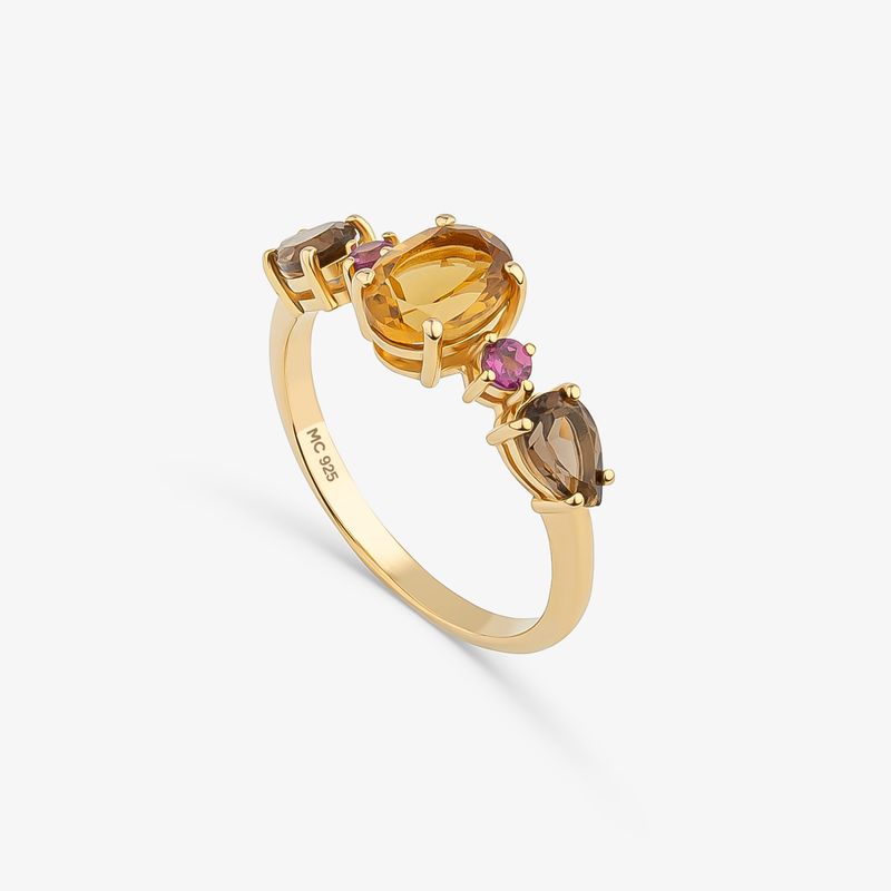 Anel com Quartzo Honey, Quartzo Fumê e Rodolita em Prata 925 com Banho de Ouro Amarelo 18k