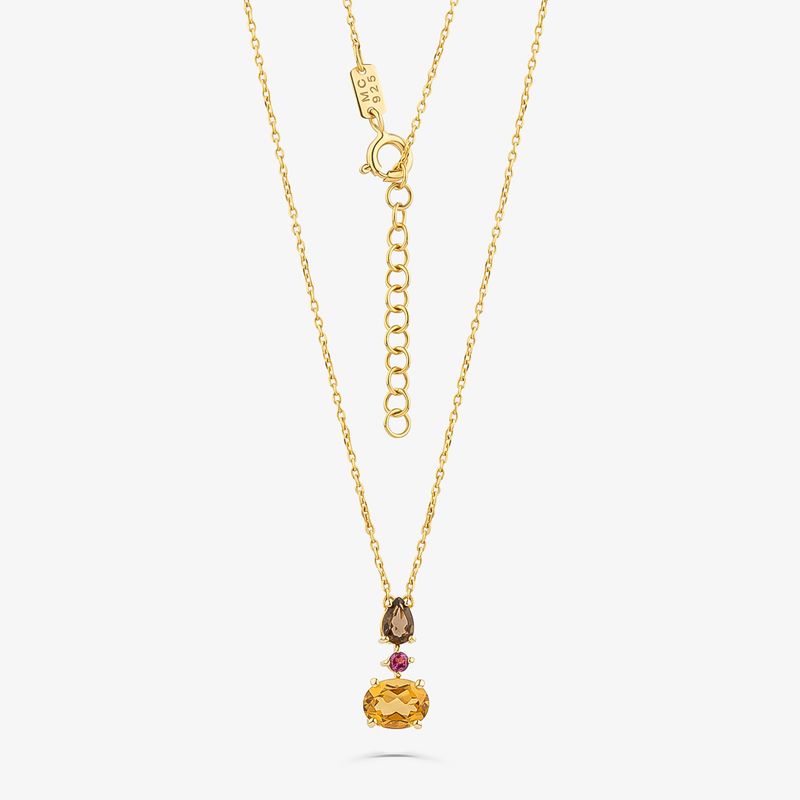 Colar com Rodolita, Quartzo Fumê e Quartzo Honey em Prata 925 com Banho de Ouro Amarelo 18k