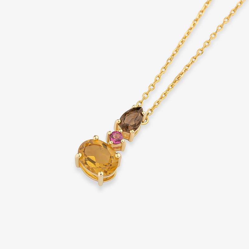 Colar com Rodolita, Quartzo Fumê e Quartzo Honey em Prata 925 com Banho de Ouro Amarelo 18k