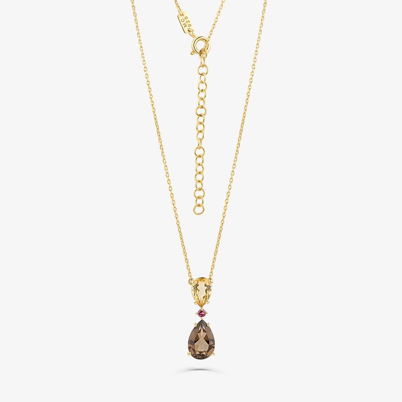 Colar com Citrino, Rodolita e Quartzo Fumê em Prata 925 com Banho de Ouro Amarelo 18k