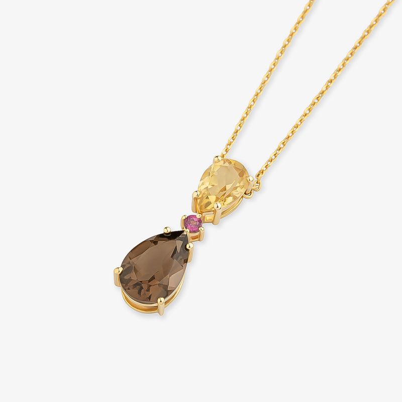 Colar com Citrino, Rodolita e Quartzo Fumê em Prata 925 com Banho de Ouro Amarelo 18k