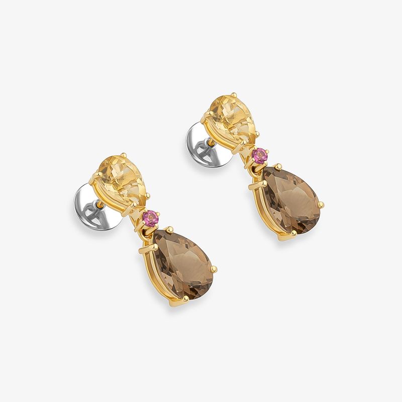 Brinco Versátil com Citrino, Rodolita e Quartzo Fumê em Prata 925 com Banho de Ouro Amarelo 18k