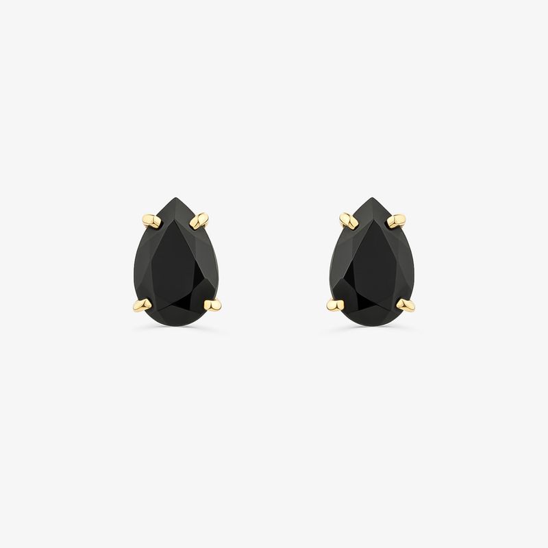 Par de brincos com pedra preta em formato de gota, fixados em pontos de ouro.