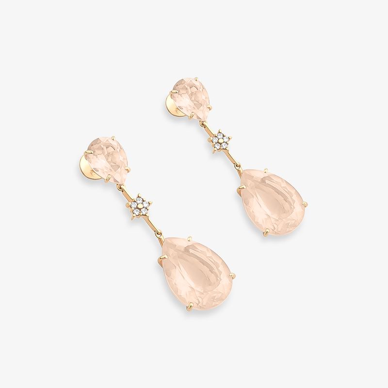 Brinco Longo Gota Sentidos em Ouro Rosé 18k com Quartzo Rosa e Diamantes