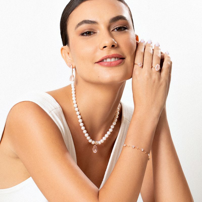 Brinco Longo Gota Sentidos em Ouro Rosé 18k com Quartzo Rosa e Diamantes