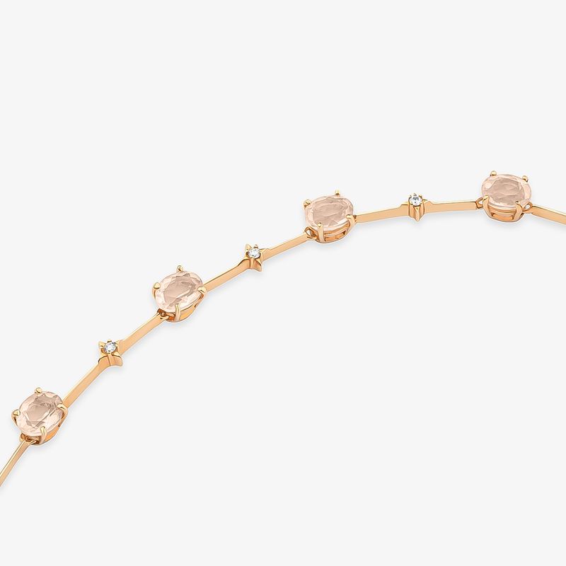Pulseira Oval Articulada Sentidos em Ouro Rosé 18k com Quartzo Rosa e Diamantes - 18 cm