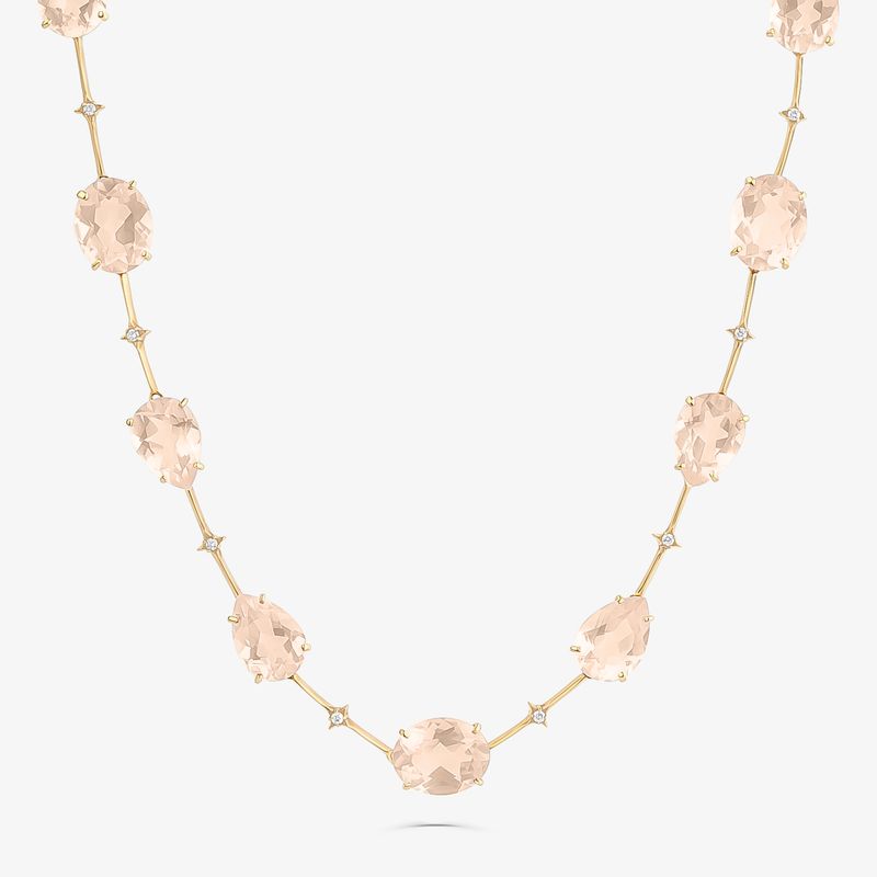 Colar Oval Articulado Sentidos em Ouro Rosé 18k com Quartzo Rosa e Diamantes - 42 cm