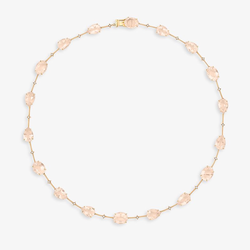 Colar Oval Articulado Sentidos em Ouro Rosé 18k com Quartzo Rosa e Diamantes - 42 cm